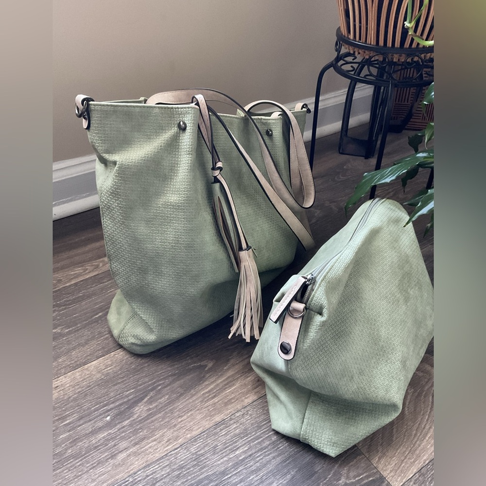 Emily & Noah Elegant Sage Green Tote with Tassel